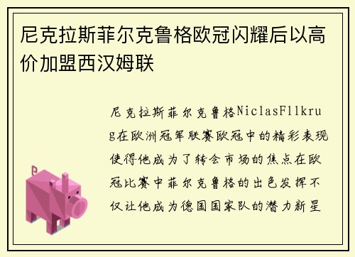 尼克拉斯菲尔克鲁格欧冠闪耀后以高价加盟西汉姆联